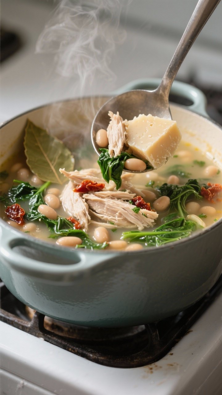 Close-up detail: A ladle lifting Tuscan Chicken Soup from a simmering pot, showcasing tender shredde