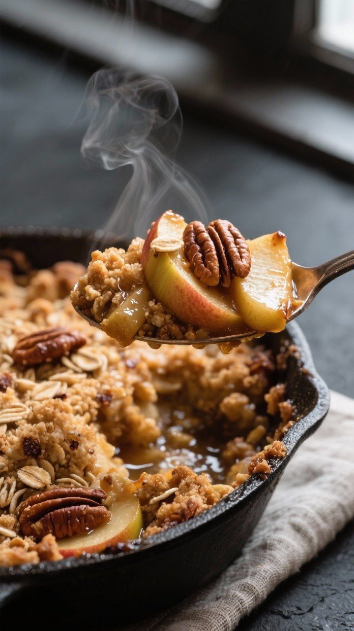 Close-up detail: A spoonful of warm Cinnamon Oat Crunch Apple Crisp just lifted from the pan, showca