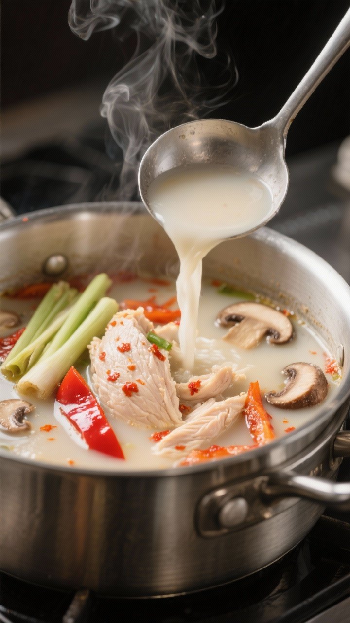 Close-up detail: A steamy ladle pouring silky coconut broth into a pot of simmering Spicy Thai Cocon