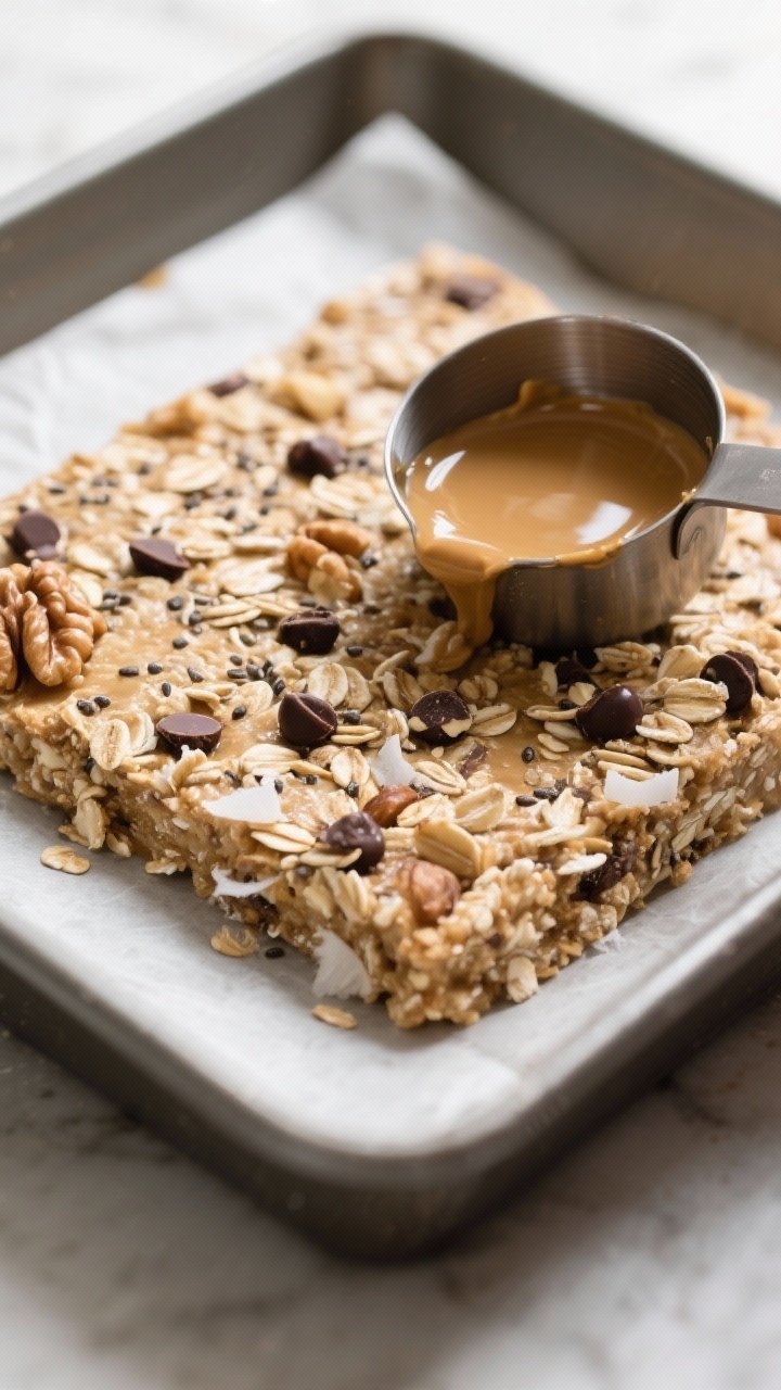 Close-up detail: A tightly packed slab of oatmeal chocolate chip energy bars being firmly pressed in
