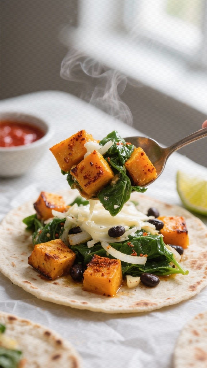 Close-up detail and cooking process: Roasted butternut squash and wilted spinach filling being spoon