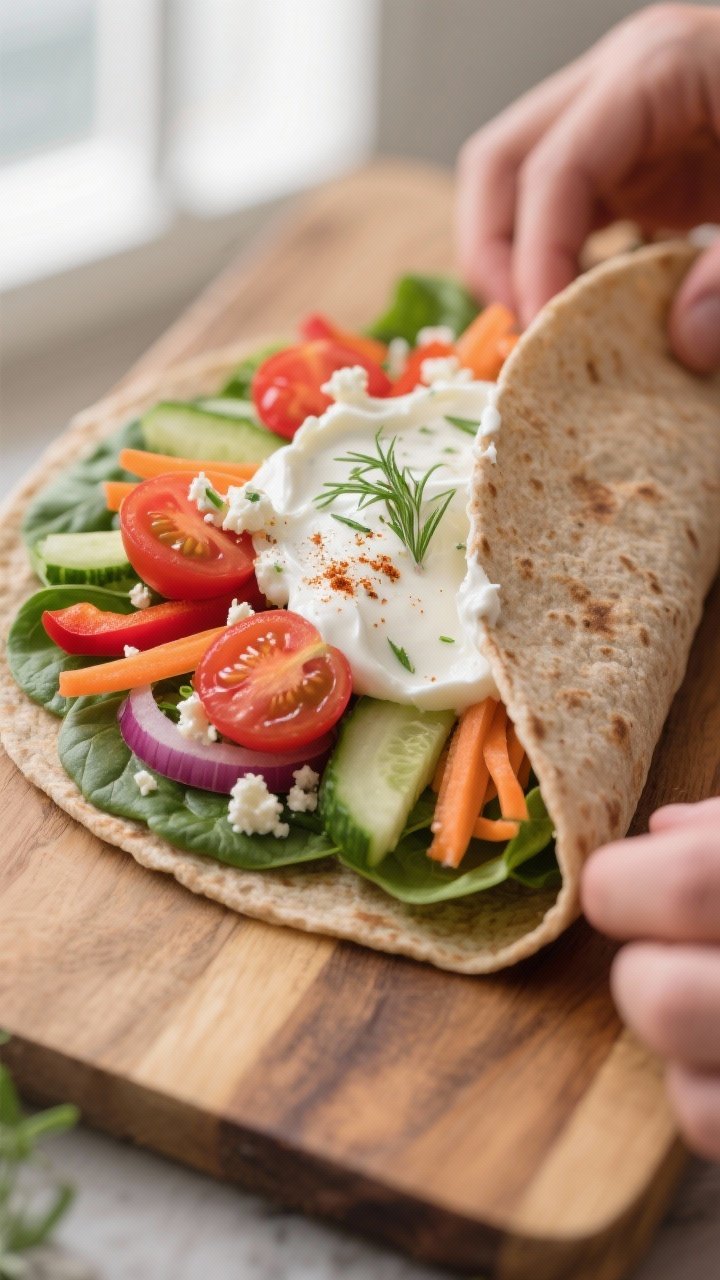 Close-up detail, assembly process: Warm whole-wheat wrap on a wooden board with a generous swipe of