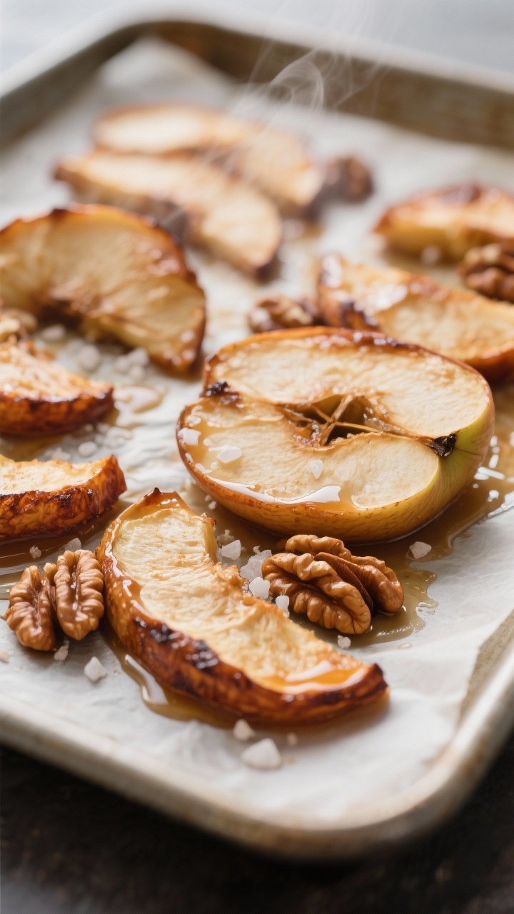 Close-up detail: Caramelized baked cinnamon apple slices fresh from the oven, edges browned and slig