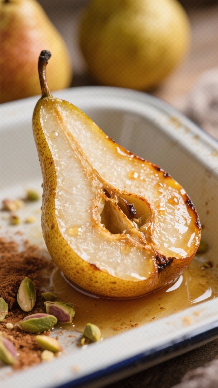 Close-up detail: Caramelized honey-lemon baked pear half just flipped back to cut-side up after roas