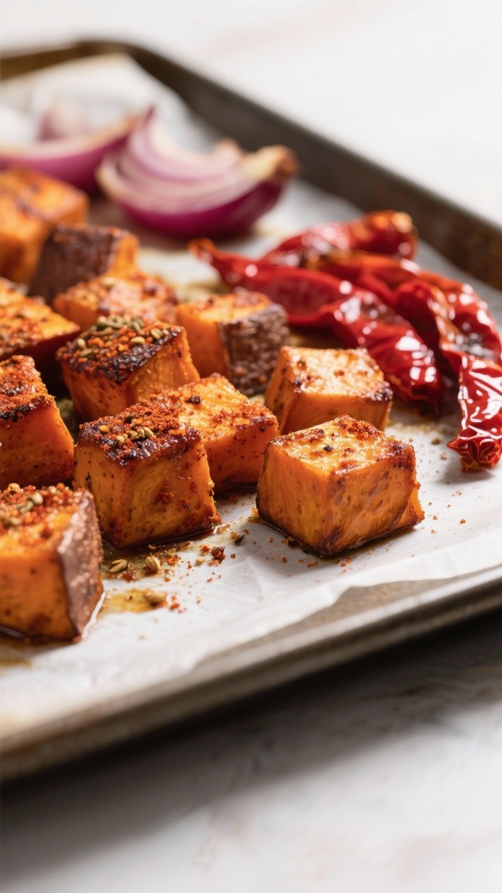 Close-up detail: Caramelized roasted sweet potato cubes with smoky paprika-cumin crust on a parchmen