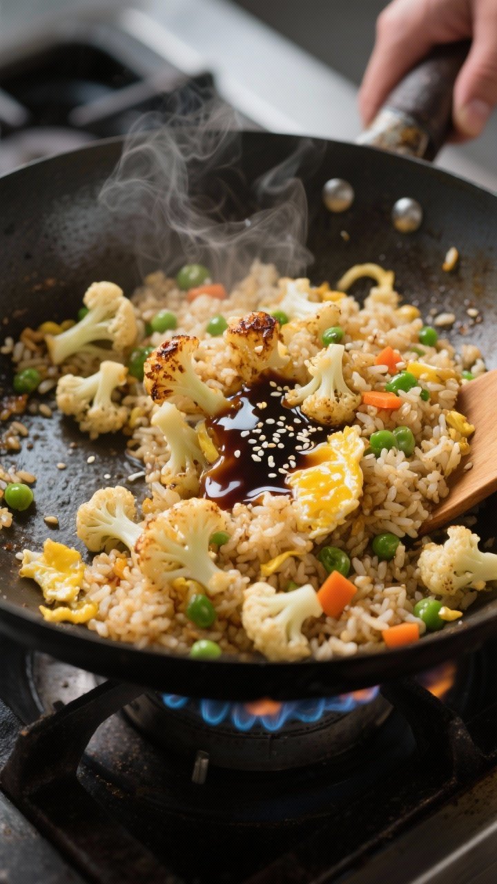 Close-up detail: Cauliflower fried rice mid-stir in a carbon-steel wok over high heat, showing dry-f