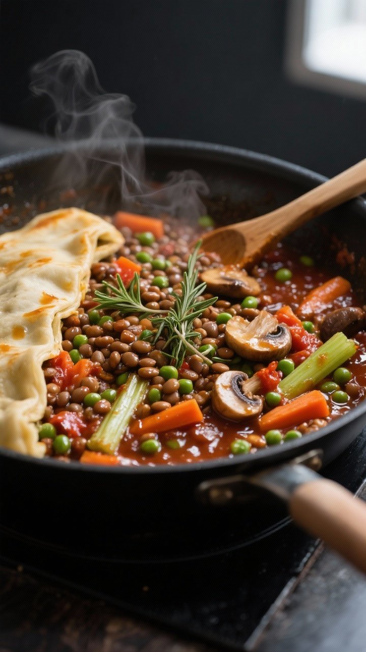 Close-up detail, cooking process: A deep skillet filled with the finished lentil-and-vegetable filli