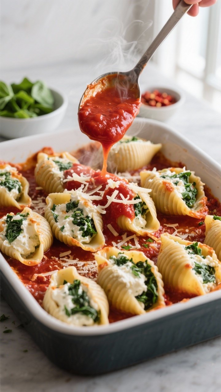 Close-up detail, cooking process: A snug 9x13-inch baking dish filled with jumbo shells stuffed with