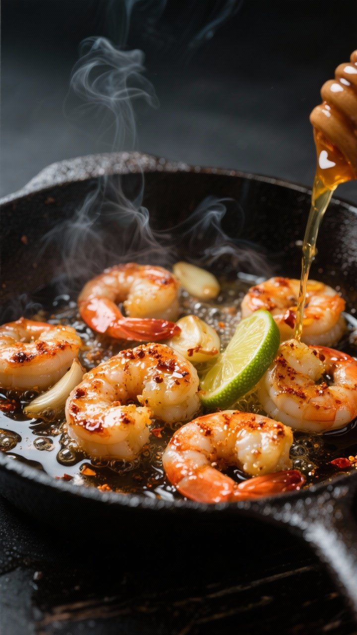 Close-up detail, cooking process: Honey-lime glazed shrimp searing in a hot cast-iron skillet, light