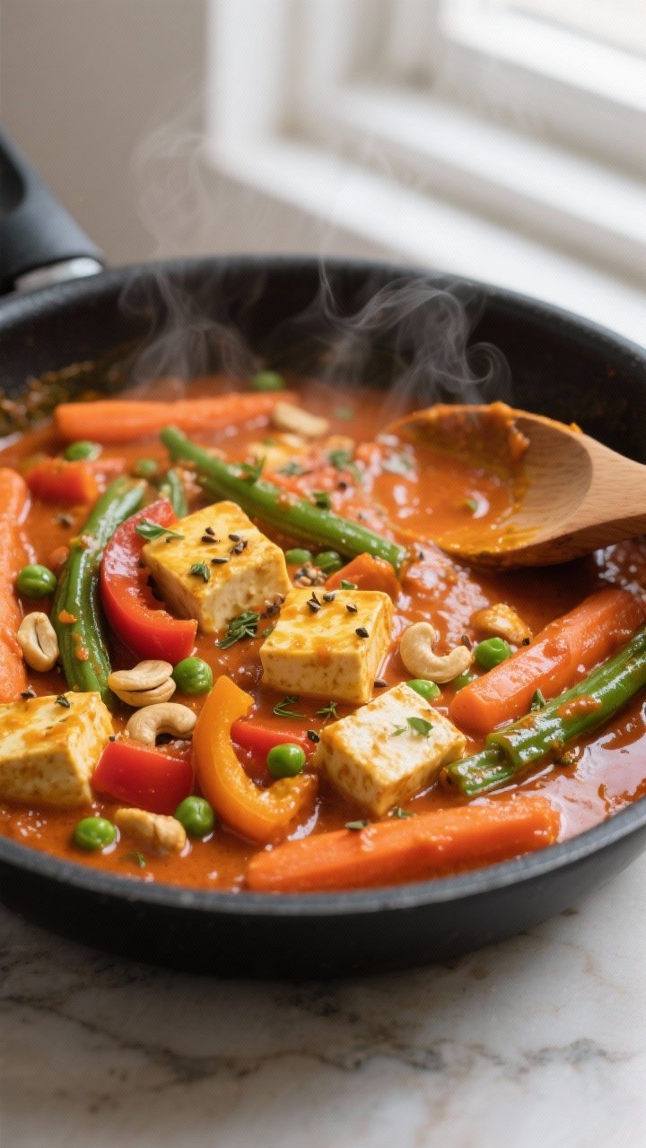 Close-up detail/cooking process: Paneer veggie curry simmering in a wide, shallow skillet, glossy to