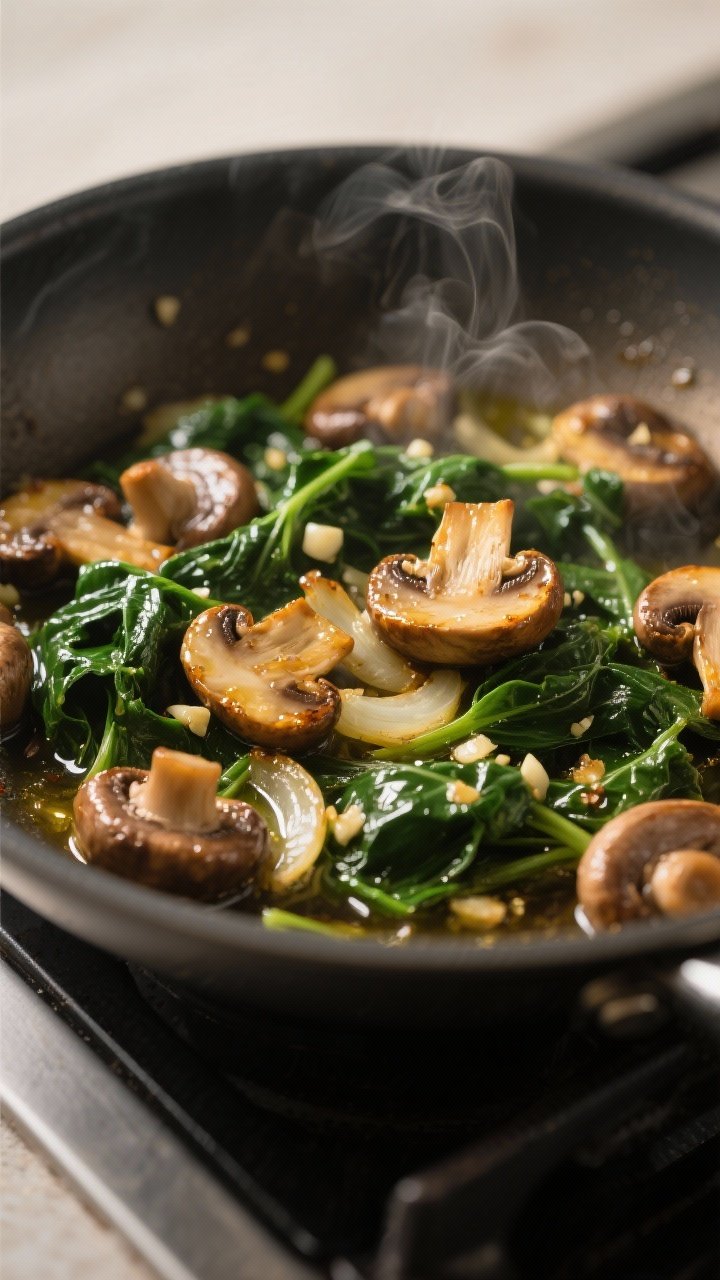 Close-up detail, cooking process: Sautéed cremini mushrooms and wilted spinach in a wide skillet, g