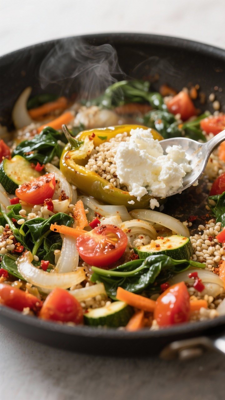 Close-up detail, cooking process: Sautéed veggie filling for cottage cheese stuffed peppers sizzlin