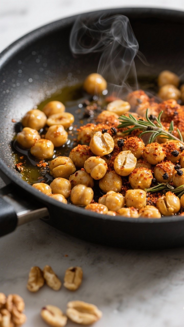 Close-up detail, cooking process: Spiced chickpeas sizzling in a matte black skillet, lightly crispe