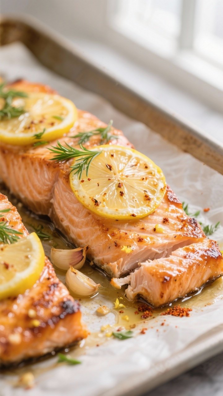 Close-up detail: Crispy, caramelized edges of roasted garlic-lemon salmon just after a 1–2 minute 