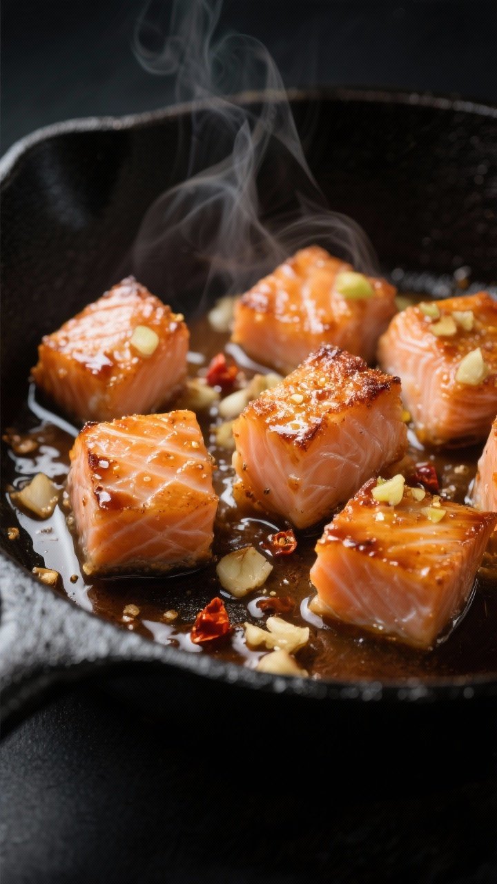Close-up detail: Crispy-edged salmon cubes just tossed in a glossy garlic-ginger glaze in a black ca