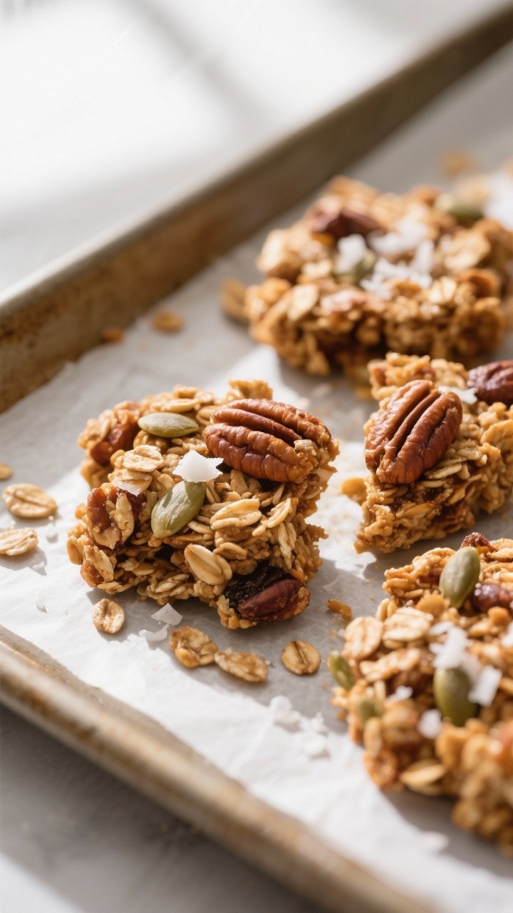 Close-up detail: Crispy maple pecan granola clusters just out of the oven, broken into mega chunks, 