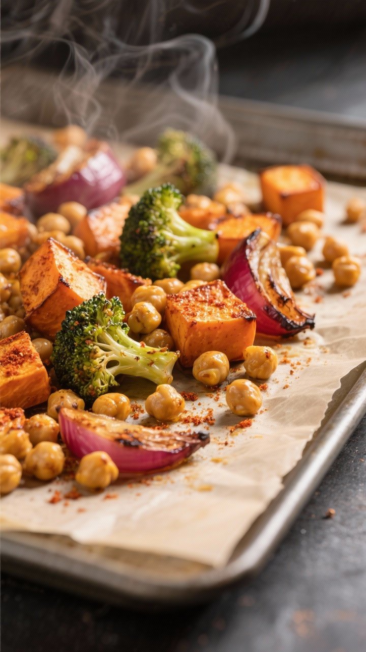 Close-up detail: Crispy roasted chickpeas and caramelized sweet potato cubes on a parchment-lined sh