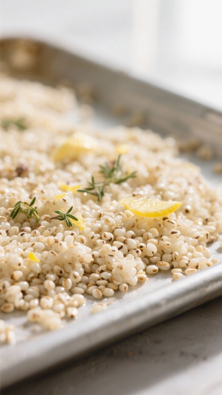 Close-up detail: Fluffy, steam-free quinoa freshly cooled and fluffed on a sheet pan, each grain dis