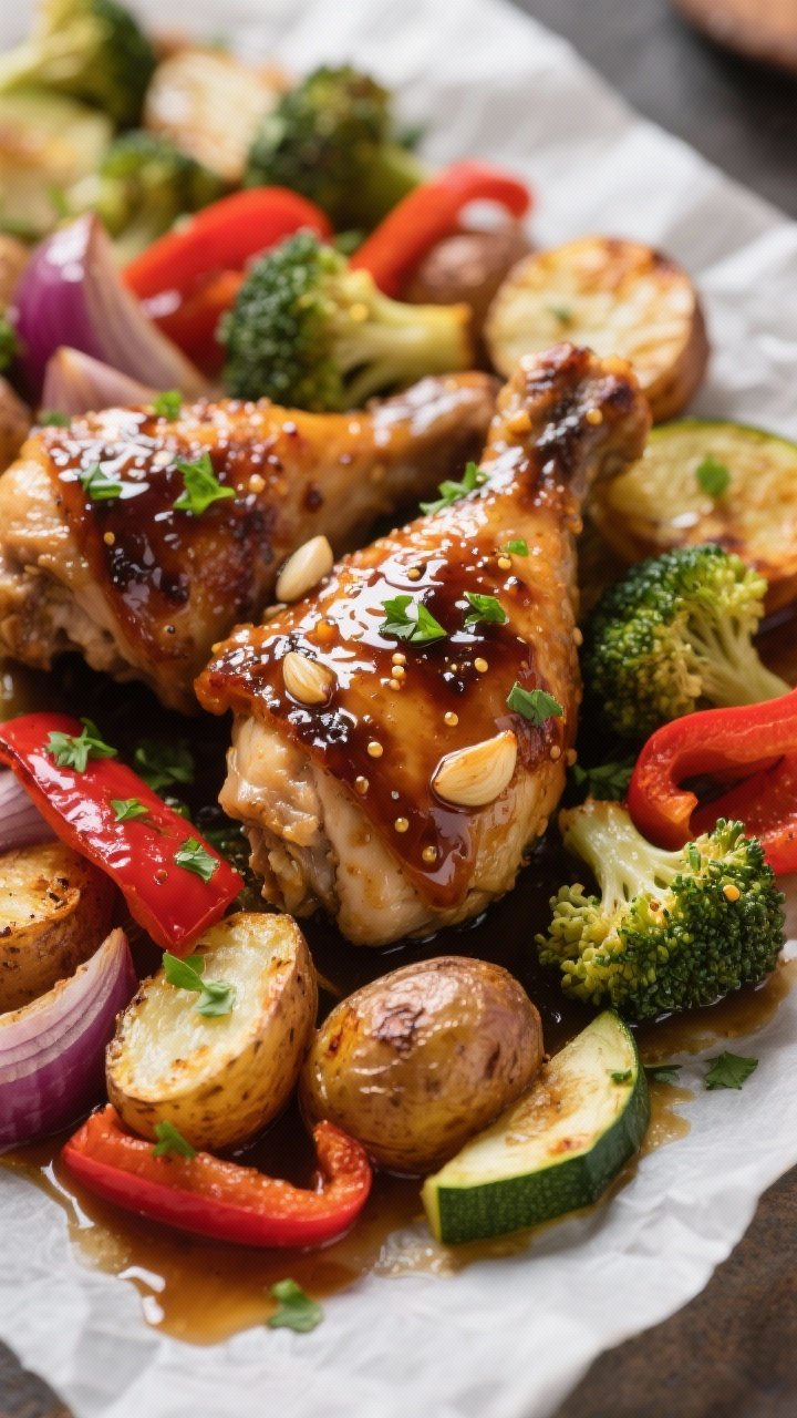 Close-up detail: Glazed balsamic chicken thighs nestled among roasted baby potatoes, broccoli floret