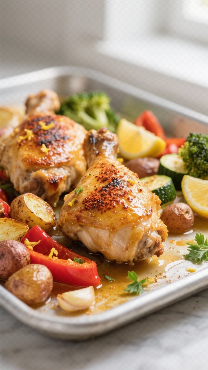Close-up detail: Golden, crispy-skinned chicken thighs just out of the oven, glistening with pan jui