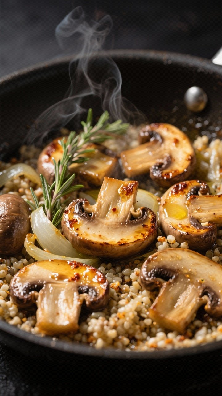 Close-up detail: Golden-seared cremini mushrooms and quinoa toasting in a wide skillet, mushrooms de