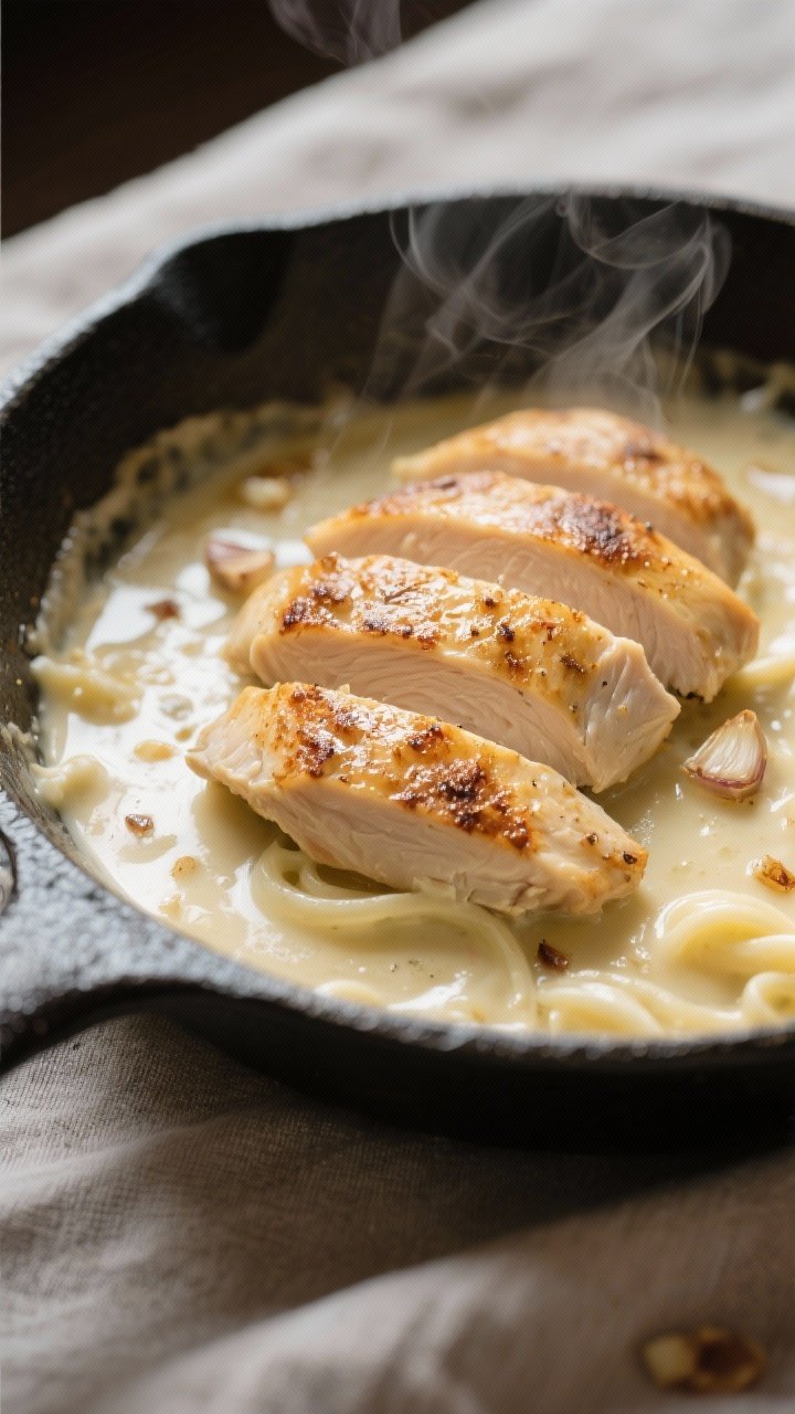 Close-up detail: Golden seared slices of chicken breast resting in a skillet with a glossy, light Al