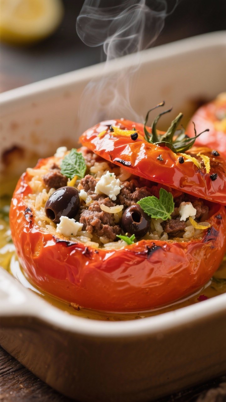 Close-up detail: Juicy baked Mediterranean stuffed tomato just out of the oven, tomato “lid” sli
