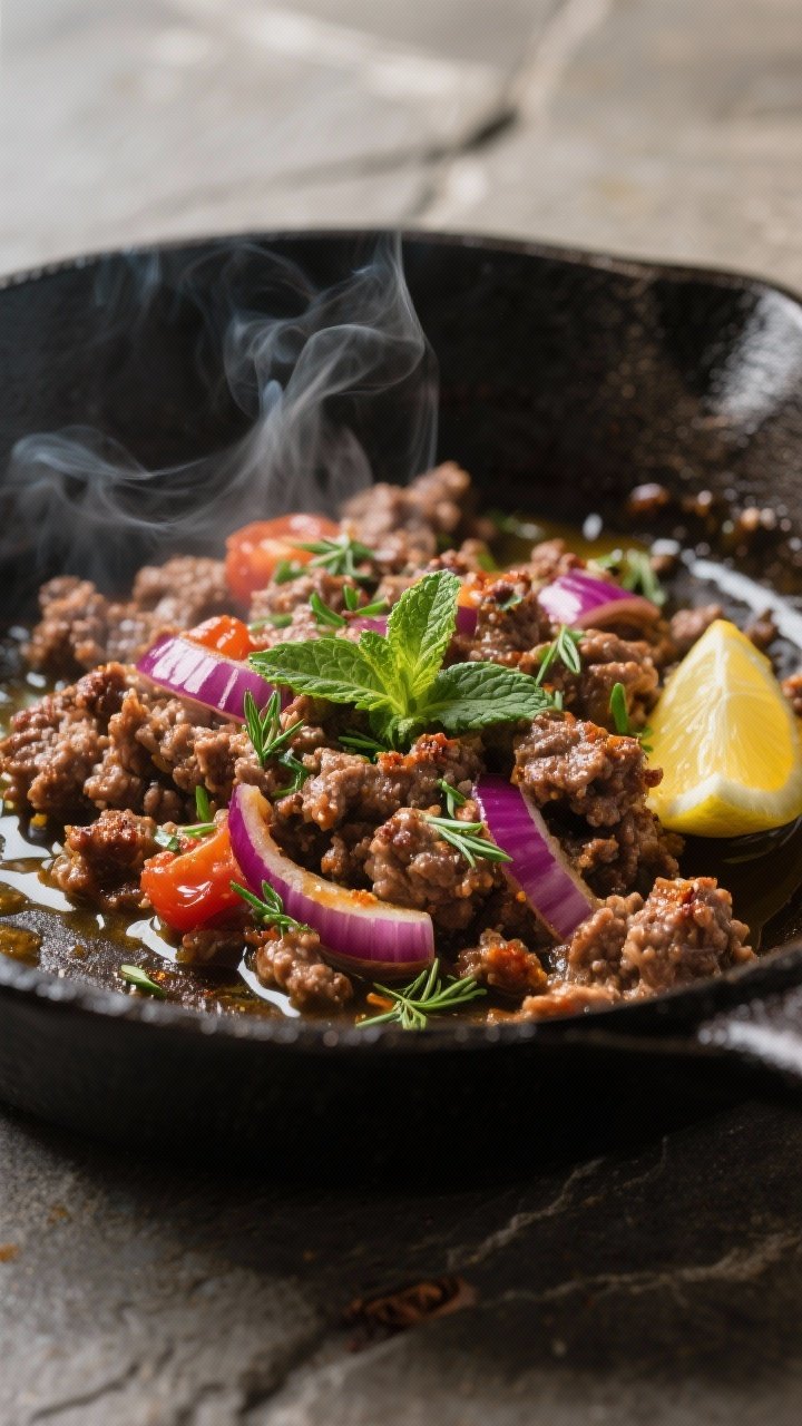 Close-up detail: Juicy Greek-spiced ground beef finishing in the skillet after spice toasting, gloss