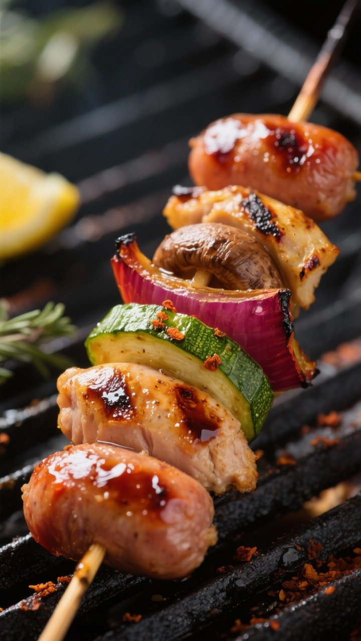 Close-up detail: Juicy grilled chicken sausage and veggie kabob fresh off the grill with visible cha