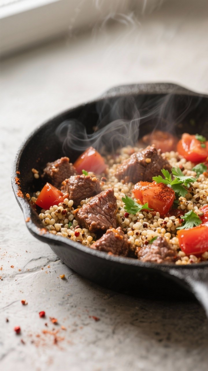 Close-up detail: Juicy lean beef and quinoa filling sizzling in a skillet after seasoning, with visi