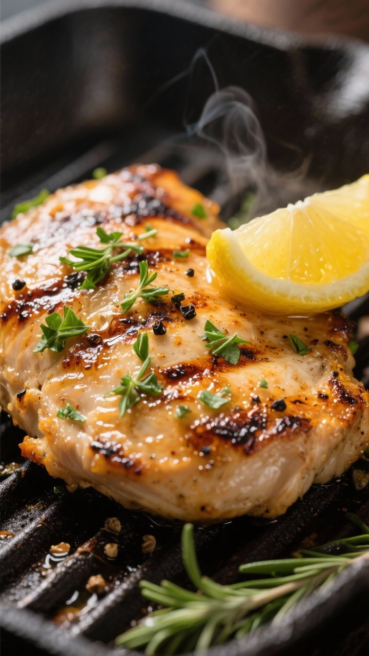 Close-up detail: Juicy lemon-herb grilled chicken just off the grill, deep golden char marks with sl