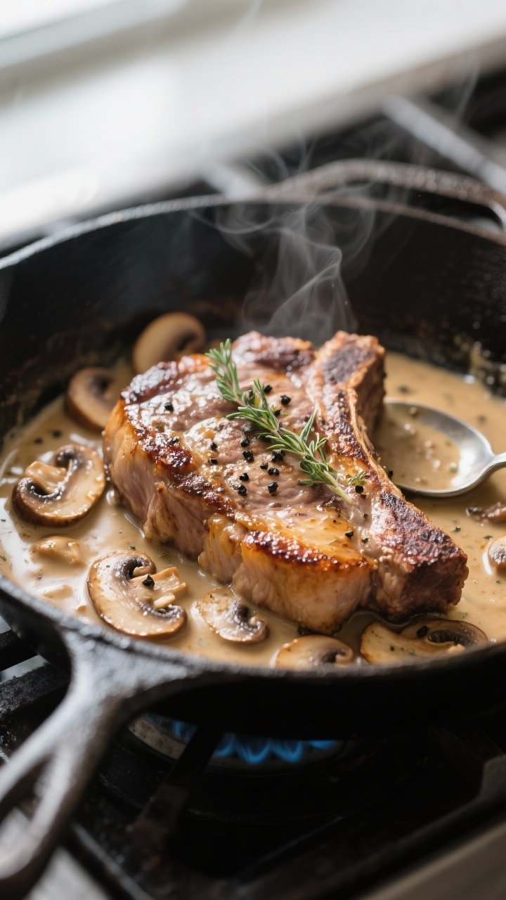 Close-up detail: Juicy pork chop just returned to the skillet, bathed in silky, reduced creamy mushr
