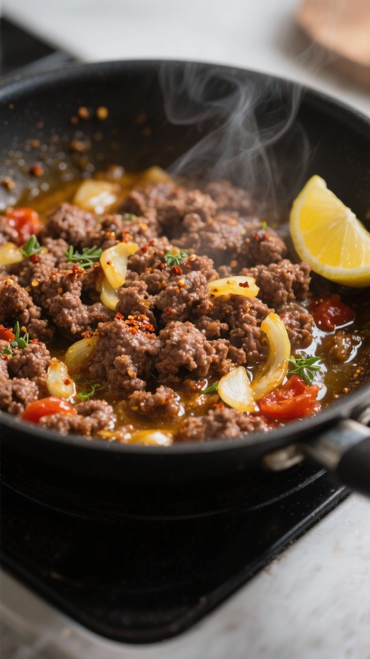 Close-up detail: Juicy, spiced ground beef sizzling in a wide skillet, browned and craggy with a glo