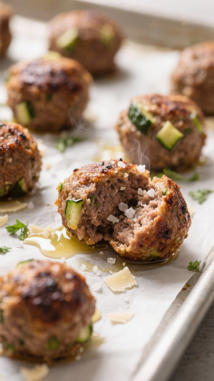 Close-up detail: Juicy zucchini beef meatballs just out of the oven, browned edges with tiny blister