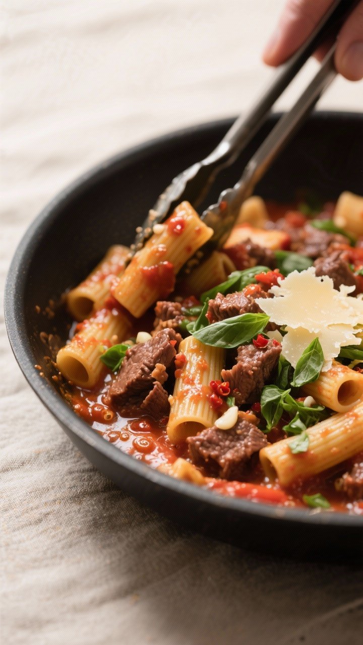 Close-up detail: Lean beef and tomato-basil sauce actively emulsifying with pasta water in a wide sk