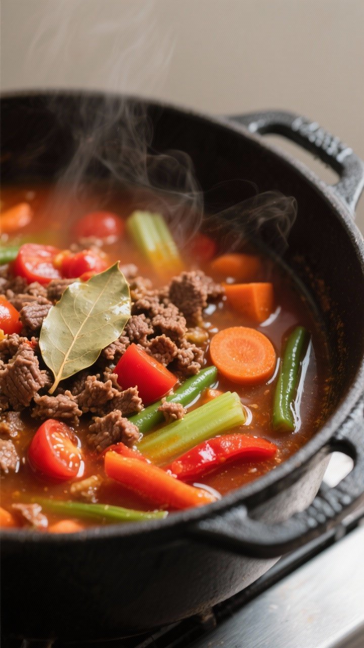 Close-up detail: Lean beef vegetable soup mid-simmer in a Dutch oven, showcasing browned crumbled le