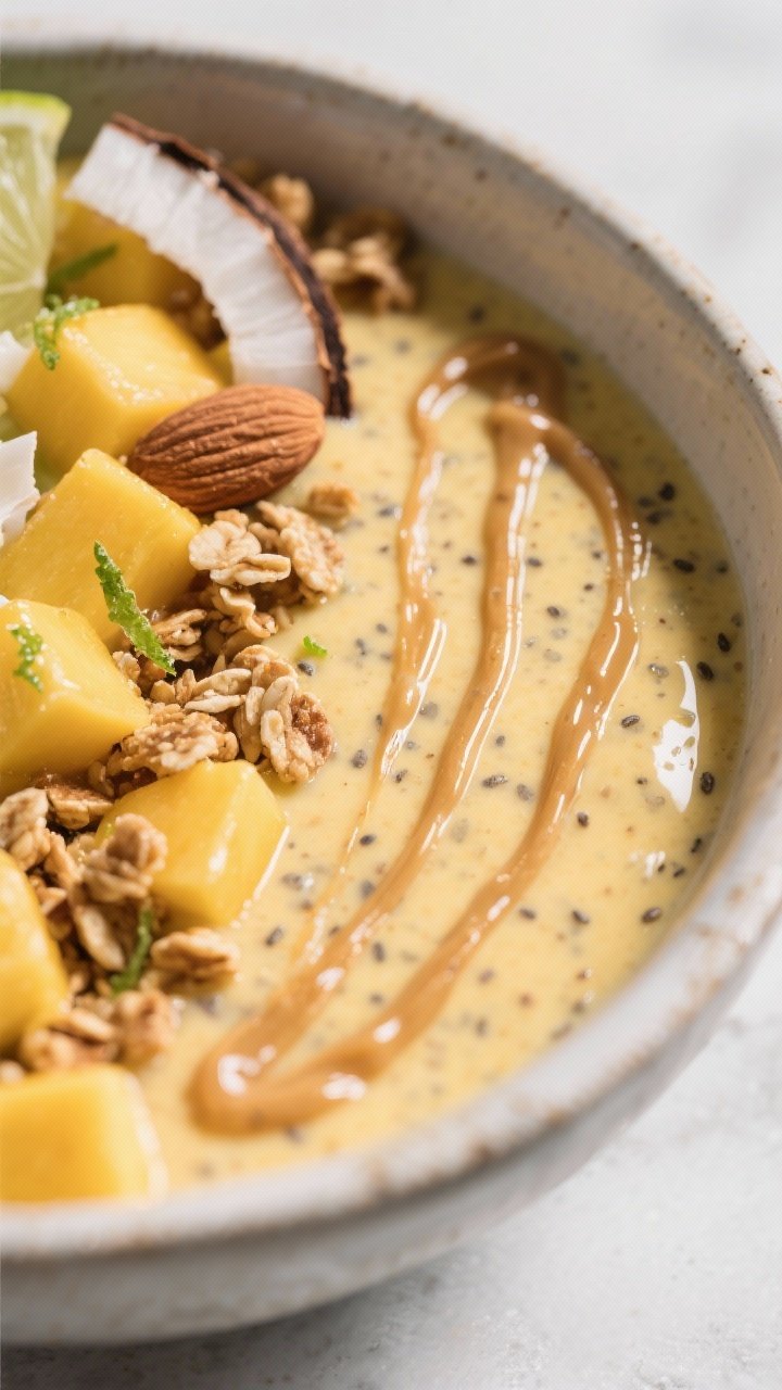 Close-up detail: Macro close-up of the smoothie bowl’s surface showing luscious, creamy mango-coco