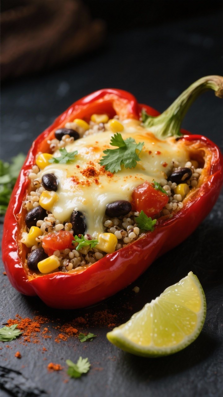 Close-up detail: Melted cheese bubbling over quinoa and black bean filling inside a par-baked red be