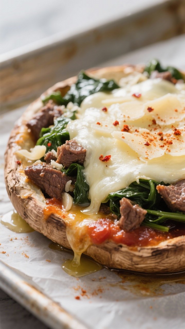 Close-up detail: Melted mozzarella and Parmesan bubbling over a mound of garlicky beef and wilted sp