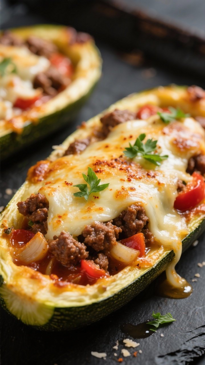 Close-up detail: Melty, golden-brown zucchini boats just out of the oven, stuffed with deeply browne