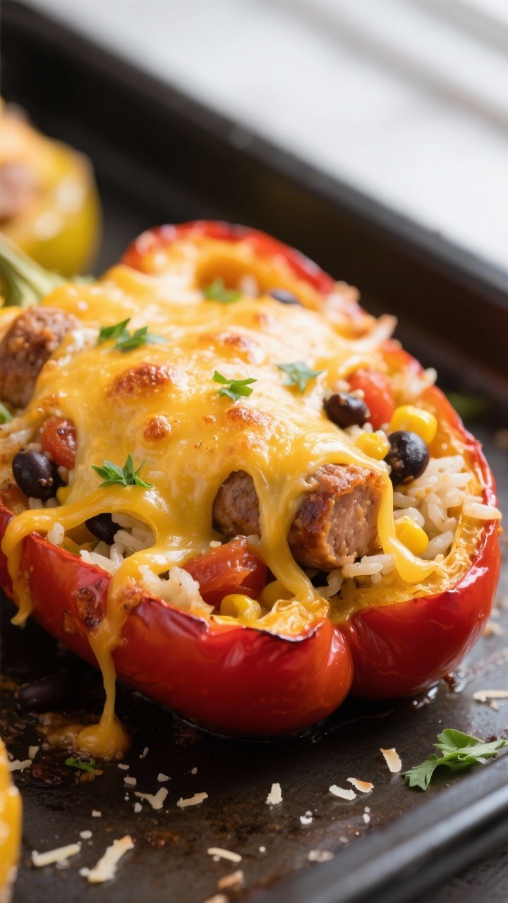 Close-up detail: Melty, golden-bubbled cheese topping on chicken sausage stuffed bell peppers just o