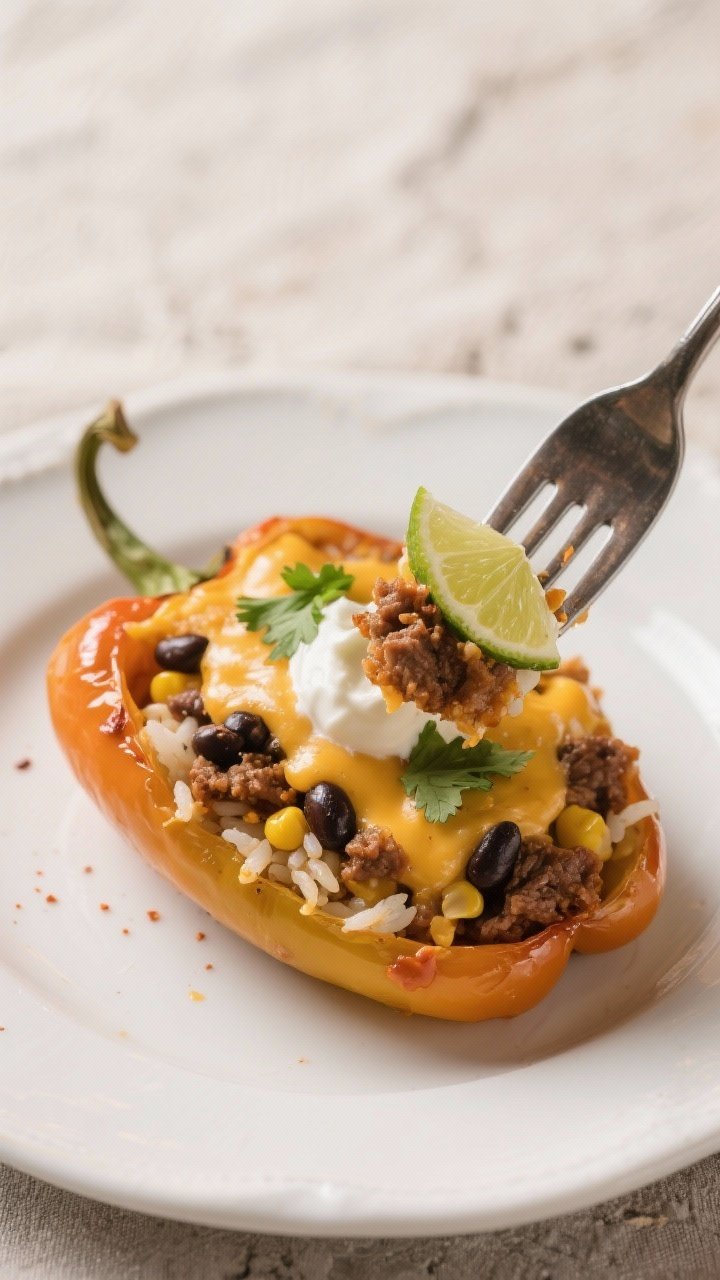 Close-up detail of a single plated cheesy taco stuffed pepper on a white ceramic plate, fork taking 
