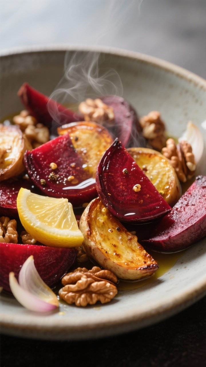 Close-up detail of warm roasted beet wedges (mix of red and golden) just after peeling and cutting, 