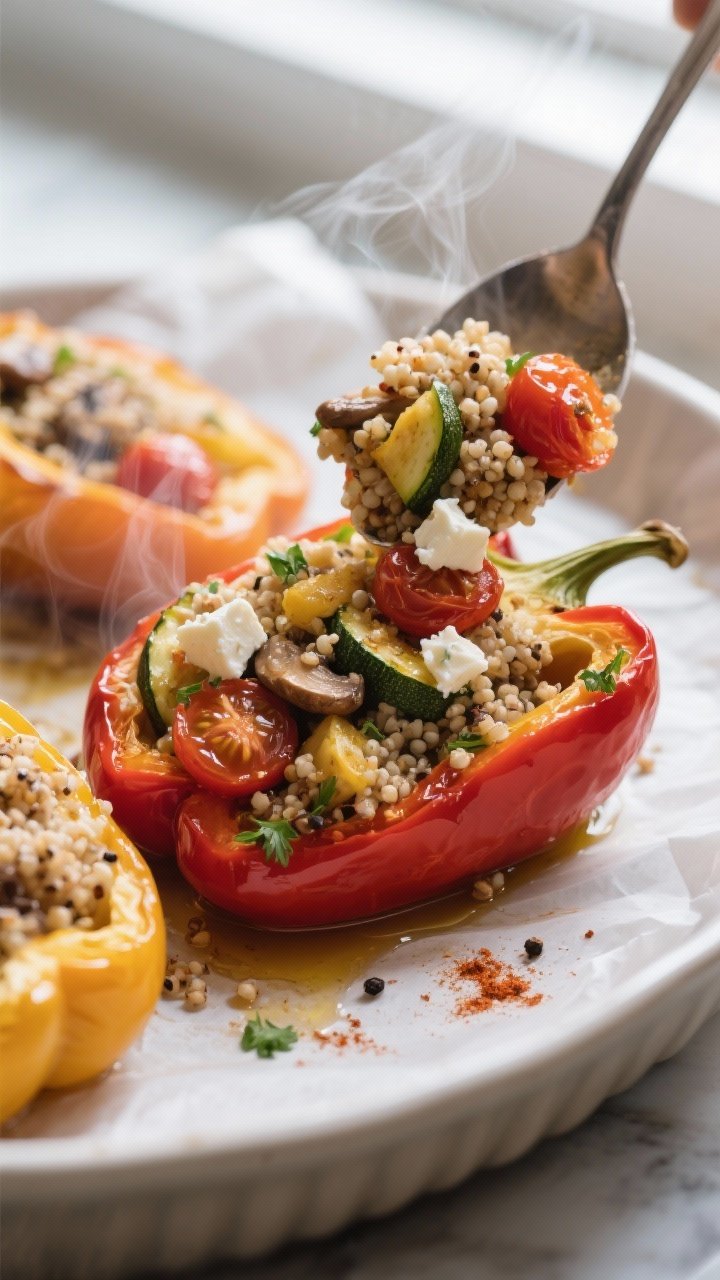 Close-up detail: Quinoa and roasted vegetable stuffing being spooned into pre-baked bell peppers in 