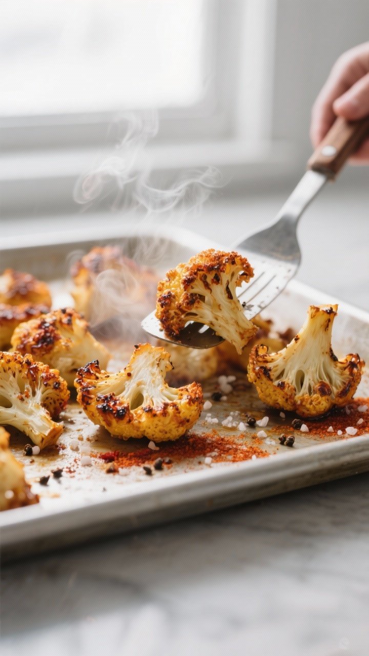 Close-up detail: Roasted spicy cauliflower fresh from a preheated sheet pan, edges deeply caramelize