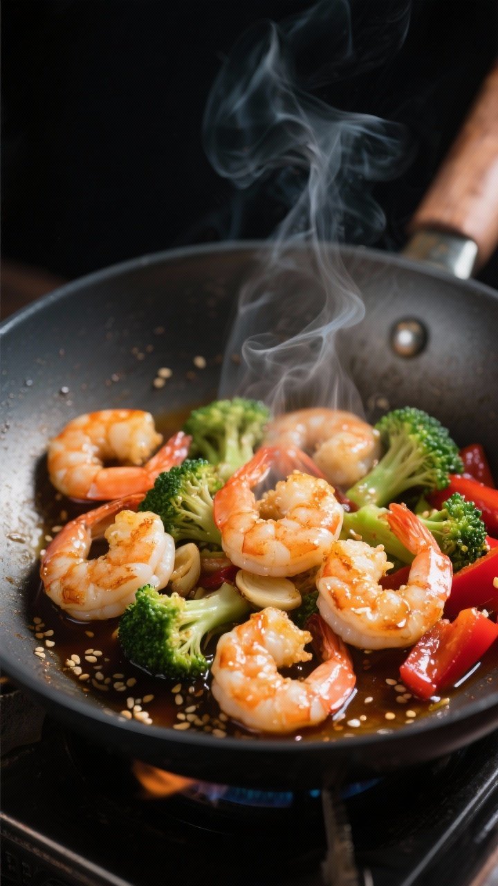 Close-up detail: Searing shrimp in a wok over high heat, shrimp curled into relaxed “C” shapes w