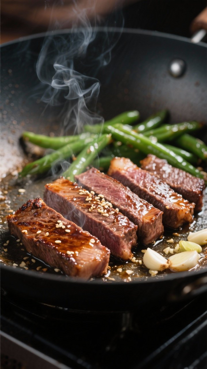 Close-up detail: Searing slices of flank steak in a wok, deeply browned edges and glistening surface
