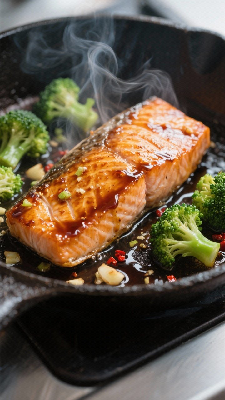 Close-up detail: Searing teriyaki-glazed salmon fillet in a skillet, skin-side down with a crisp, go