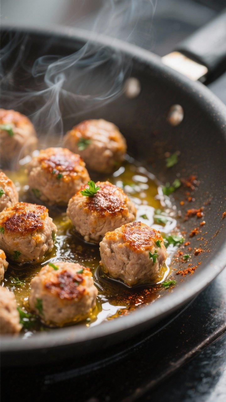 Close-up detail: Searing turkey meatballs in a wide stainless skillet, deep golden-brown crust from