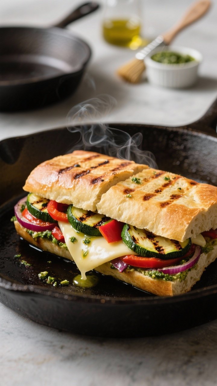 Close-up detail shot: A grilled veggie and pesto panini mid-press in a cast-iron skillet, golden cia